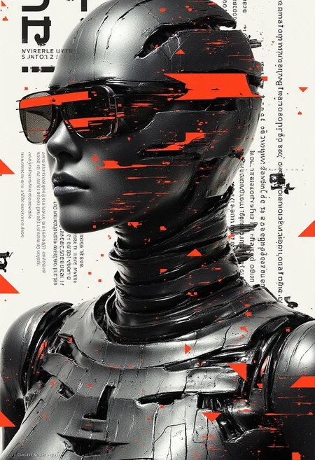 grng style poster. Highly detailed glitch art half-length portrait of a metallic robot. The robot’s matte metal body is composed of sharp, angular plates with gaps revealing glossy black latex beneath, creating a striking contrast between the rigid metallic exterior and the smooth, flowing latex underneath. The interplay of the exposed latex and layered metal plating adds depth and complexity to the design. The background features abstract digital elements, including fragmented texts, cascading glitch effects, and shifting digital distortion, enhancing the chaotic, futuristic atmosphere. Depth of field emphasizes the robot’s textures, highlighting the tension between the sharp edges of the metal and the glossy, flexible latex visible in the gaps.