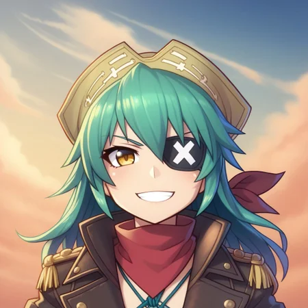 mana_sk style, portrait, focus on face, a fearless sky pirate girl with messy teal hair tied back in a bandana and sharp golden eyes, wearing a leather eyepatch and a coat adorned with intricate embroidery, a daring grin with wind sweeping her hair, faint outlines of airships in the cloudy background, Japanese RPG style, adventurous and rebellious atmosphere, intricate details on her bandana and coat