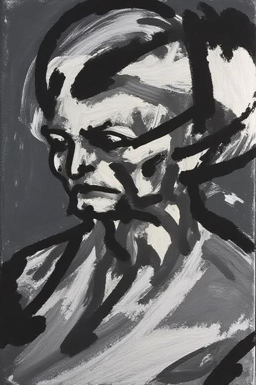fraauer1 abstract painting. a monochromatic, abstract painting created with thick, bold brush strokes in shades of black and white on a dark gray background. The artwork features a stylized, simplified depiction of a human face, rendered with an expressive, almost surrealistic approach. The subject's face is abstracted, with exaggerated features and an emphasis on the emotional intensity of the expression. <lora:fraauer1_cap_d6a3:1.0><lora:811766913924535897:0>