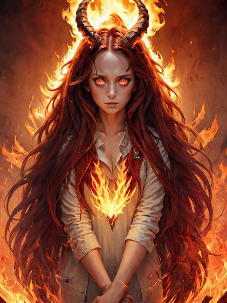 masterpiece,high resolution,detailed,
<lora:fire_xl:0.8>,
firemode,, 1girl, solo, fire, horns, long hair, red eyes, phoenix