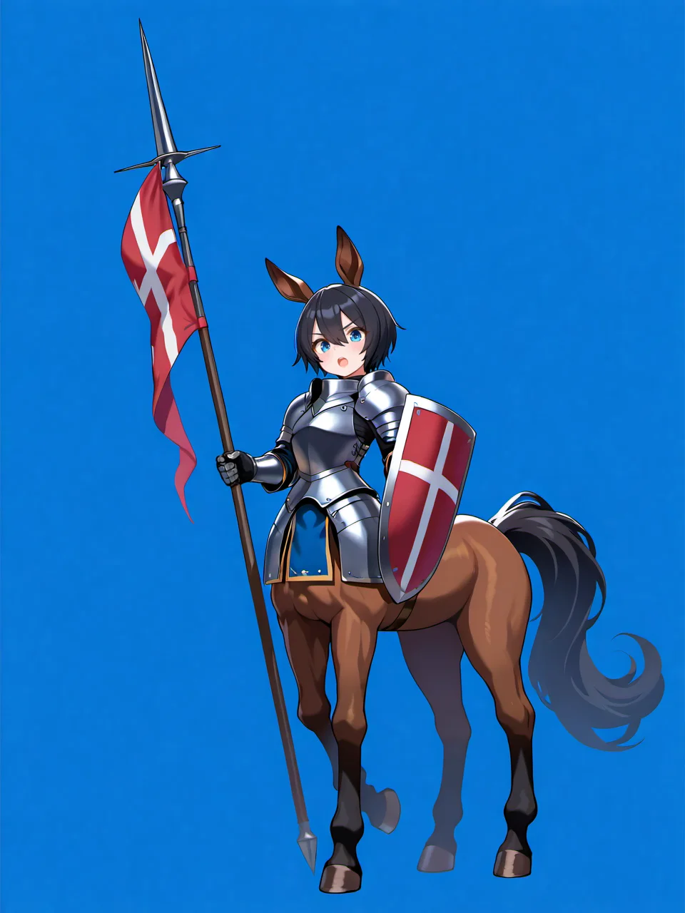 masterpiece, best quality, amazing quality, very aesthetic, high resolution,
epona, taur, 1girl, centaur, solo, monster girl, armor, blue background, shield, lance, weapon, blue eyes, polearm, open mouth, animal ears, horse ears, looking at viewer, tail, short hair, holding shield, black hair, flag, holding, multiple legs, breastplate, boobplate, shoulder armor, hair between eyes, full body, bangs, horse tail,
<lora:epona_race_v2_illustrious_epoch_7:0.9>,
<lora:NOOB_EPSv1_1_detailer_by_vlnvk_v1_0:1>