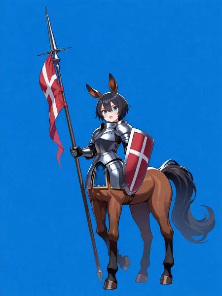 masterpiece, best quality, amazing quality, very aesthetic, high resolution,
epona, taur, 1girl, centaur, solo, monster girl, armor, blue background, shield, lance, weapon, blue eyes, polearm, open mouth, animal ears, horse ears, looking at viewer, tail, short hair, holding shield, black hair, flag, holding, multiple legs, breastplate, boobplate, shoulder armor, hair between eyes, full body, bangs, horse tail,
<lora:epona_race_v2_illustrious_epoch_7:0.9>,
<lora:NOOB_EPSv1_1_detailer_by_vlnvk_v1_0:1>
