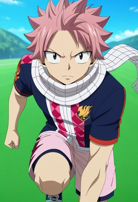 masterpiece, best quality, , anime screencap, , , looking at viewer, 1boy, solo, male focus, <lora:natsu_dragneel_ilxl:0.9>, natsu_dragneel, pink hair, black eyes, spiked hair, white scarf, , Running shorts, Argyle Rugby shirt, , ,