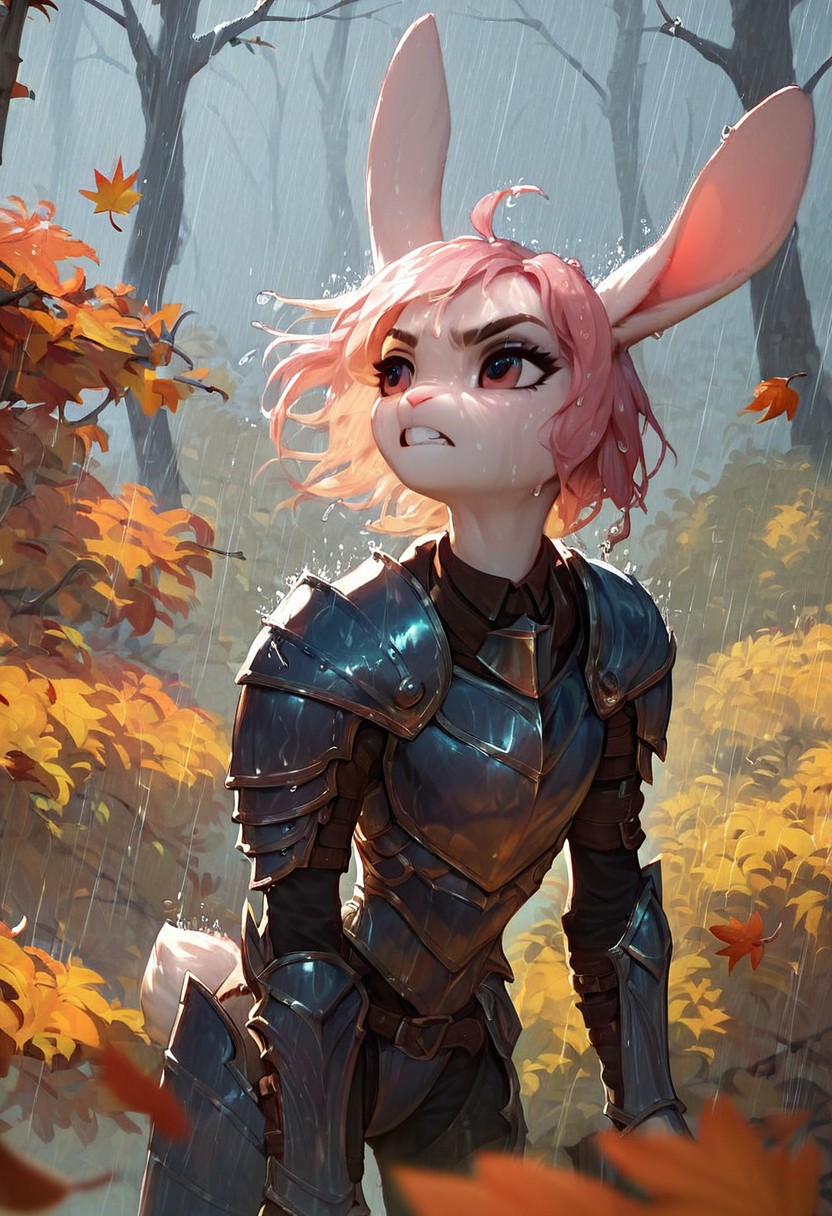 score_9, score_8_up, score_7_up, score_6_up, score_5_up, (flat colored: 1.2), fluffy body, (2d style:0.8), solo, anthro rabbit female, light fur, skinny, light hair, focus on face,  armor, autumn, falling leaves, storm, wet, rain, angry, forest, scream