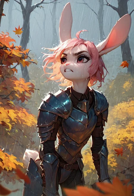 score_9, score_8_up, score_7_up, score_6_up, score_5_up, (flat colored: 1.2), fluffy body, (2d style:0.8), solo, anthro rabbit female, light fur, skinny, light hair, focus on face, armor, autumn, falling leaves, storm, wet, rain, angry, forest, scream