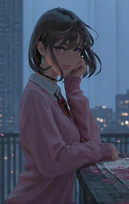 (newest, recent,:1.3), (guweiz, wlop, pluvium grandis), realistic, year_2024, year_2023, year_2022, year_2021,
absurdres, highres, best quality, masterpiece, very aesthetic, dandadan, ayase momo, 1girl, black choker, blue sky, bow, bowtie, brown eyes, brown hair, choker, collared shirt, dress shirt, earrings, elbow rest, hair between eyes, hand on own cheek, hand on own face, head rest, jewelry, light blush, light particles, long sleeves, looking at viewer, loose bowtie, medium hair, parted lips, pencil, petals, pink petals, pink sweater, red bow, red bowtie, school uniform, shirt, sleeves past wrists, smile, solo, sweater, upper body, white shirt, blurry, blurry background, city, city lights, leaning back, railing, rain, <lora:Artist_style_Void_0:0.7>, <lora:MomoAyase-IL-v1:0.7>