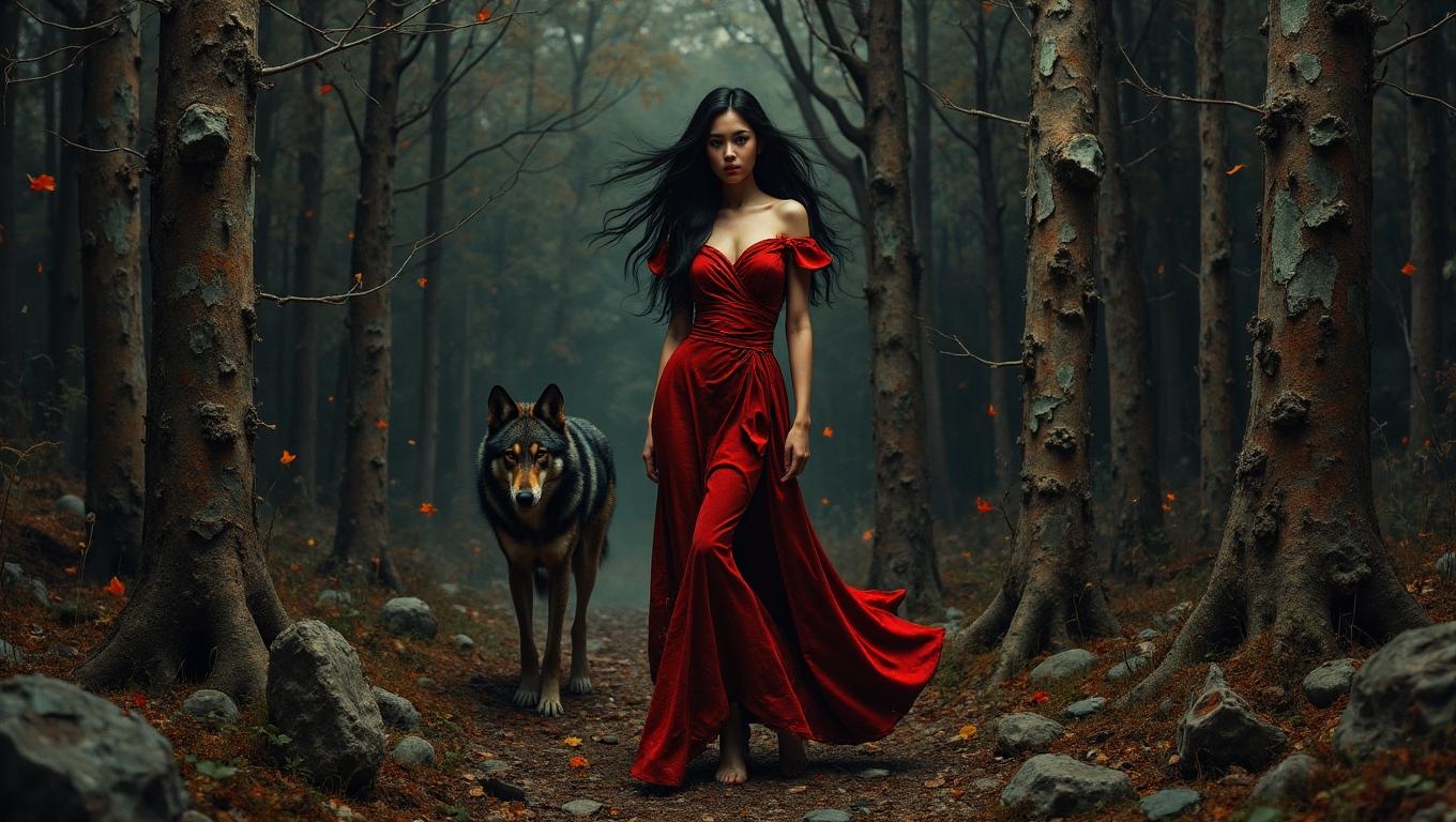 <lora:flux-collagestyle.safetensors:1> darkfantasycollagestyle
In the heart of a shadow-drenched forest, a woman stands with an ethereal presence, her long, raven-black hair cascading like a waterfall of night over her shoulders. Her eyes, a piercing crimson, gleam with a fierce intensity that cuts through the dim, earthy tones of her surroundings. Her skin, pale and smooth, contrasts sharply with the rough bark of the ancient trees and the weathered stones scattered about.
Draped in an off-shoulder red dress, her attire is a striking contrast to the forest's muted palette of browns, grays, and olive greens. The fabric, a mix of smooth silk and worn, textured leather, clings to her form, highlighting her graceful curves and adding a layer of depth to her mystique.
Beside her, a wolf stands, its gaze as fierce and unyielding as hers. The wolf's coat, a mixture of dark and light fur, catches the occasional glint of light, creating a play of shadows that adds to the scene's gritty, noir-inspired atmosphere. The wolf's eyes, a deep, haunting amber, seem to echo the woman's determination and spirit.
The forest itself is a tapestry of contrast: polished, metallic elements embedded in the trunks of trees and the ground, juxtaposed against the organic, weathered textures of the forest floor. Scattered debris, scuff marks, and signs of disarray create a lived-in feel, hinting at a world both futuristic and deeply rooted in nature.
Dramatic, low-key lighting casts deep shadows around them, emphasizing the contours of their forms and the intricate details of their surroundings. The occasional bright accent, like the red of her dress and the wolf's eyes, draws the eye and adds a touch of drama to the scene. This digital artwork is a masterful blend of realism and fantasy, evoking a dystopian yet introspective mood that lingers long after the first glance.