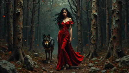<lora:flux-collagestyle.safetensors:1> darkfantasycollagestyle
In the heart of a shadow-drenched forest, a woman stands with an ethereal presence, her long, raven-black hair cascading like a waterfall of night over her shoulders. Her eyes, a piercing crimson, gleam with a fierce intensity that cuts through the dim, earthy tones of her surroundings. Her skin, pale and smooth, contrasts sharply with the rough bark of the ancient trees and the weathered stones scattered about.
Draped in an off-shoulder red dress, her attire is a striking contrast to the forest's muted palette of browns, grays, and olive greens. The fabric, a mix of smooth silk and worn, textured leather, clings to her form, highlighting her graceful curves and adding a layer of depth to her mystique.
Beside her, a wolf stands, its gaze as fierce and unyielding as hers. The wolf's coat, a mixture of dark and light fur, catches the occasional glint of light, creating a play of shadows that adds to the scene's gritty, noir-inspired atmosphere. The wolf's eyes, a deep, haunting amber, seem to echo the woman's determination and spirit.
The forest itself is a tapestry of contrast: polished, metallic elements embedded in the trunks of trees and the ground, juxtaposed against the organic, weathered textures of the forest floor. Scattered debris, scuff marks, and signs of disarray create a lived-in feel, hinting at a world both futuristic and deeply rooted in nature.
Dramatic, low-key lighting casts deep shadows around them, emphasizing the contours of their forms and the intricate details of their surroundings. The occasional bright accent, like the red of her dress and the wolf's eyes, draws the eye and adds a touch of drama to the scene. This digital artwork is a masterful blend of realism and fantasy, evoking a dystopian yet introspective mood that lingers long after the first glance.