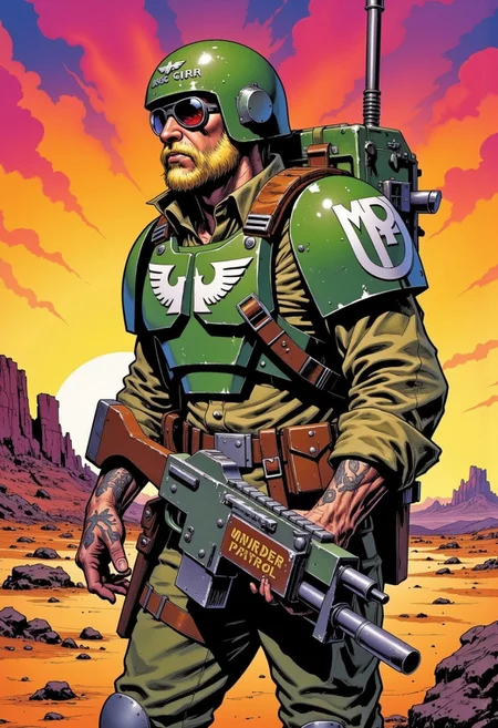 solo, warhammer 40,000, an illustration of member of the imperial guard, body armor, helmet, round sunglasses, lasgun, red-dot sight on top of lasgun, aquila emblem on chestplate, white shoulder markings, ammunition pouches, knife scabbard, wearing grenades, Sleeves rolled up above elbows, mandarin collar, olive drab uniform, canvas backpack, kneepads, combat boots, tattooed forearms, full beard, well-groomed, blonde, post-apocalyptic background, desert, in style of comic book, flat colors, Psychedelic Portrait, Colorful, Psychedelic Style, The phrase "Murder Patrol" is hand-painted on his helmet, sunset, volumetric lighting, profile, side-view,