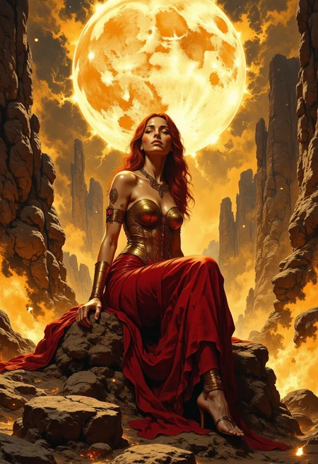 A regal celestial woman sits on a jagged rock formation in the center of a golden-lit canyon. Her red hair is swept back, strands catching the light. Her cheekbones and eyes are sharply defined, illuminated by the warm glow.
She wears a flowing crimson gown, draped over her shoulders, cascading in heavy folds, pooling at her feet. A bronze corset, adorned with filigree engravings and gemstone inlays, reflects the warm canyon light. Her golden bracelets, etched with ornate patterns, catch the flickering glow of floating embers drifting through the air.
Above her, a massive celestial sphere hovers, its semi-transparent surface swirling with golden dust and glowing embers. The sphere emits a soft golden light, casting a halo-like illumination around her.
The canyon walls rise steeply, their textured stone formations contrasting with the hazy, glowing atmosphere. Small golden orbs float through the air, their soft light blending with the dust and mist clinging to the ground.
The scene is bathed in deep golds, warm reds, and soft ambient glows, highlighting the contrast between the rugged canyon landscape and the celestial presence of the woman.