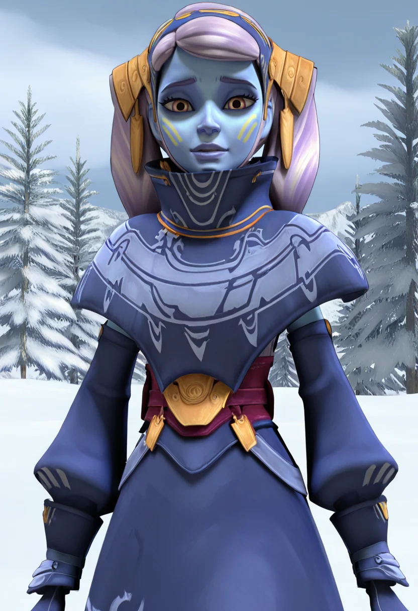 <lora:Riyo_Chuchi:1> riyo_chuchi, 1girl, female focus, pantoran, face_tattoo, light_purple_smooth_hair, blue_skin, original_appearance, hairband, expedition_outfit, hood, long_coat, practical_clothing, light_armor, clone_wars_style, star_wars_background, 3d