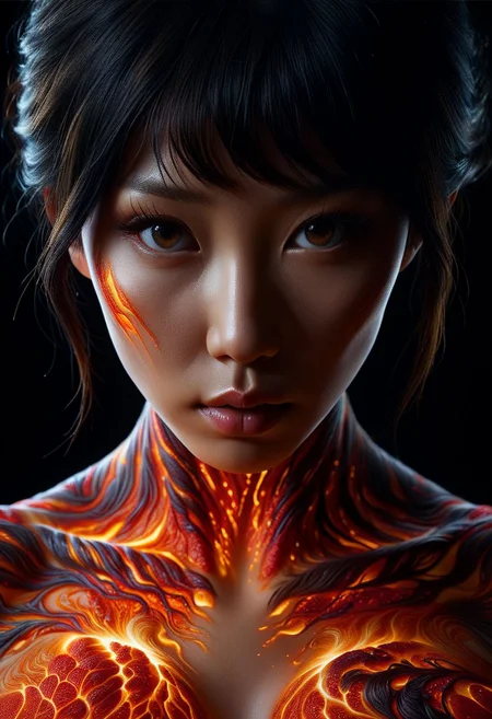 Close-up face, mysterious silhouette of a asian woman ral-lava clothing, backlit, alluring goddess, by Minjae Lee, Carne Griffiths, Emily Kell, Steve McCurry, Geoffroy Thoorens, Aaron Horkey, Jordan Grimmer, Greg Rutkowski, amazing depth, double exposure, surreal, geometric patterns, intricately detailed, bokeh, perfect balanced, deep fine borders, artistic photorealism , smooth, great masterwork by Suiras <lora:add-detail-xl:2> <lora:Double_Exposure:0.5>