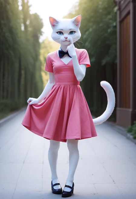 score_9, score_8_up, score_7_up, score_6_up, score_5_up, score_4_up, source_furry, sharp focus, high contrast, artistic
BREAK
1girl, solo, looking at viewer, confident smile, short sleeves, small dress, closed mouth, standing, tail, hand up, bowtie, pink dress, furry, cat girl, furry female
<lora:Blue_2:1>