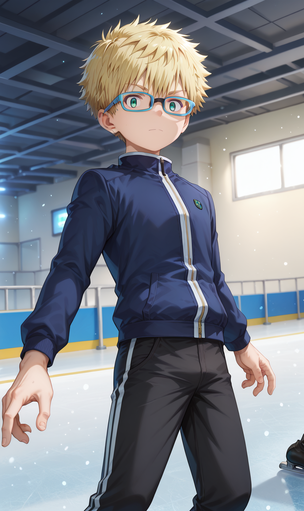 score_9, score_8_up, score_7_up, score_6_up, source_anime, upper, dynamic pose, dutch angle,  1boy,   looking at viewer, blonde hair, green eyes, glasses, male focus, jacket, pants, ice skate,  dramatic lighting, ice particles, depth of field, composition,  simple background, high quality,  highres, <lora:Rioh_Sonidori:1>