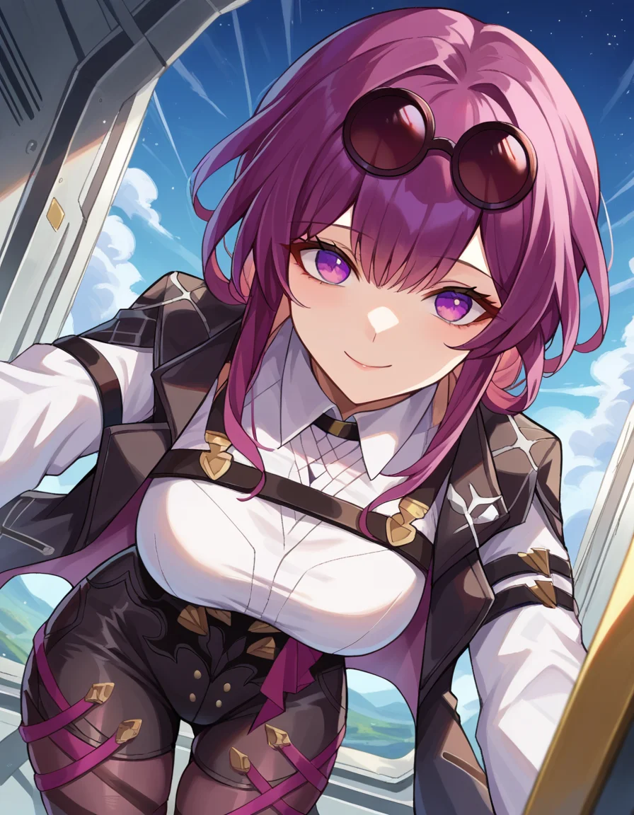 score_9, score_8_up, score_7_up, source_anime,
honkaikafka, <lora:honkai-kafka-ponyxl-lora-nochekaiser:1>,
kafka, eyewear on head, round eyewear, purple eyes, purple hair, long hair, smile,
black jacket, gloves, high-waist shorts, jacket, pantyhose, pantyhose under shorts, shirt, shorts, white shirt
outdoors, space, bent over,
looking at viewer, dutch angle, cowboy shot,