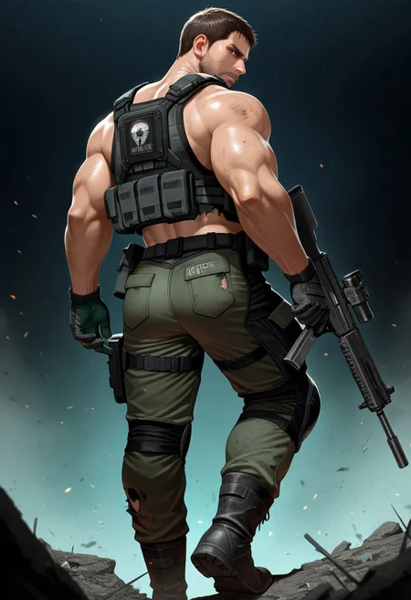 1boy, solo, chris redfield, mature male, torn combat vest, no shirt, green knee pads, torn green pants, gloves, black boots, tactical gear, rifle in right hand, looking back at viewer,
from behind,
,masterpiece,best quality,amazing quality,