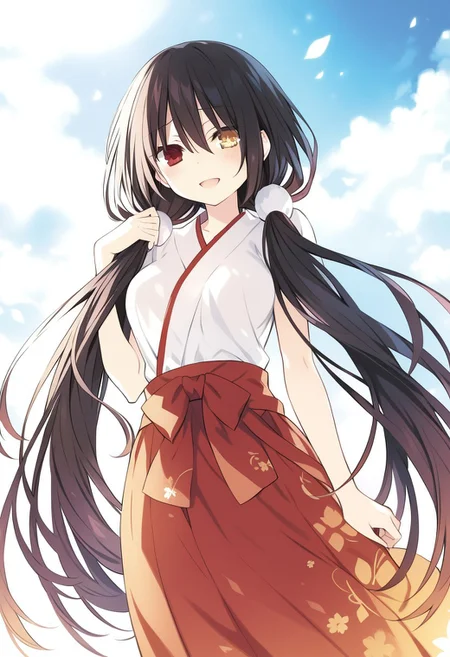 8k, highres,novel illustration,best quality, masterpiece, highly detailed,1girl,solo,date a live,tsunako,tokisaki kurumi,long hair,black hair,twintails,low twintails, heterochromia,clock eyes,symbol-shaped pupils,yellow left eye, red right eye, breasts,medium breasts, floating_hair,
jyojifuku, miko, red hakama,
smile, open mouth, standing, looking at viewer, outdoors,