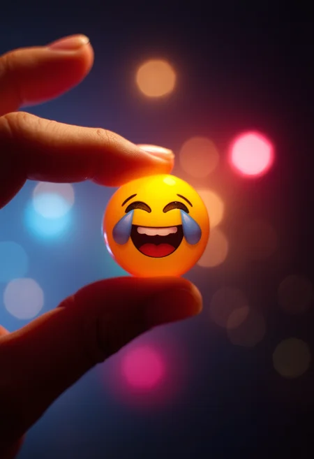 An extreme closeup of a crying laughing emoji held between two fingers, black emoji bokeh background, vibrant glow,