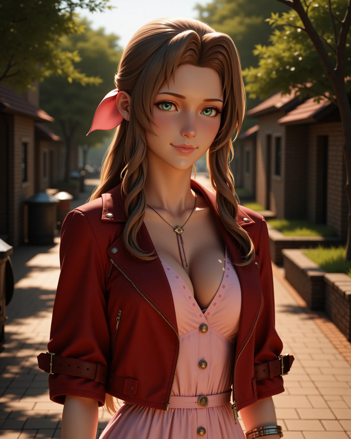 -looking at viewer, outdoors daylight
photorealistic image of <lora:Final_Fantasy_-_Aerith_v3_000015:1> ff-aerith, a 25 year old woman, long brown hair, green eyes, hair ribbon.
Wearing a pink button-up dress with a red bolero jacket, silver bracelets, and long brown hair tied with a pink ribbon.
Highest quality, best quality, masterpiece. cinematic atmosphere. The lighting is soft yet dramatic. The film grain adds a tactile, grainy texture, enhancing the dreamlike quality of the scene.
passport image styled upper body,