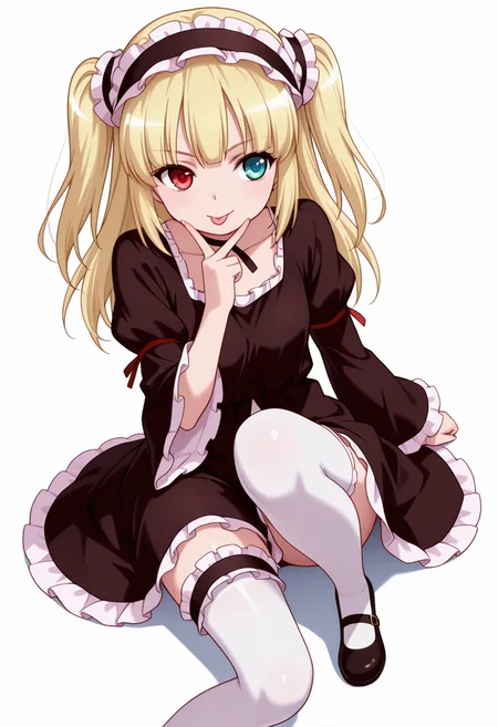 Smooth Quality,masterpiece,very intricate, high quality details, ultra realistic, high detailed skin,detailed enviorement,absurdres,
v over mouth,
 <lora:Kobato_Hasegawa_CNR:0.8> kobato_cnr, hasegawa kobato, 1girl, blonde hair, two side up, heterochromia, red eyes, blue eyes,
dress, hairband,choker,white thighhighs, pantyhose,mary janes, shoes, bridal garter, long sleeves, wide sleeves,, simple background, white background, front view,solo,, :p,