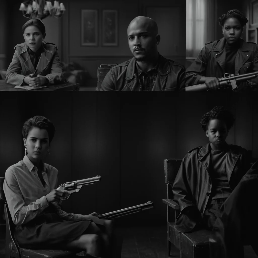cinematic film still of <lora:Split Screen Style:1>
three different images of a woman sitting on a chair next to a man,Split Screen Style,1girl,short hair,shirt,dress,holding,sitting,jacket,monochrome,weapon,greyscale,earrings,multiple boys,indoors,dark skin,2boys,holding weapon,gun,facial hair,chair,dark-skinned male,3boys,holding gun,bald , division of the screen, half screen, several simultaneous images, shallow depth of field, vignette, highly detailed, high budget, bokeh, cinemascope, moody, epic, gorgeous, film grain, grainy
