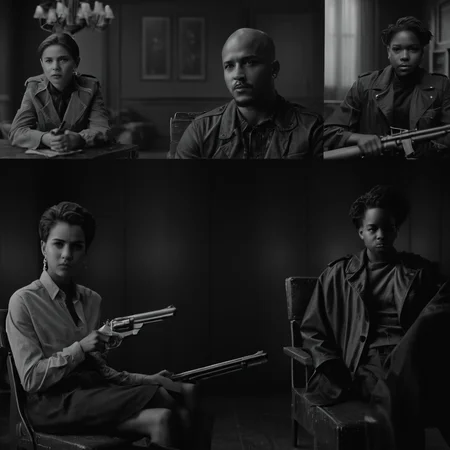 cinematic film still of <lora:Split Screen Style:1>
three different images of a woman sitting on a chair next to a man,Split Screen Style,1girl,short hair,shirt,dress,holding,sitting,jacket,monochrome,weapon,greyscale,earrings,multiple boys,indoors,dark skin,2boys,holding weapon,gun,facial hair,chair,dark-skinned male,3boys,holding gun,bald , division of the screen, half screen, several simultaneous images, shallow depth of field, vignette, highly detailed, high budget, bokeh, cinemascope, moody, epic, gorgeous, film grain, grainy
