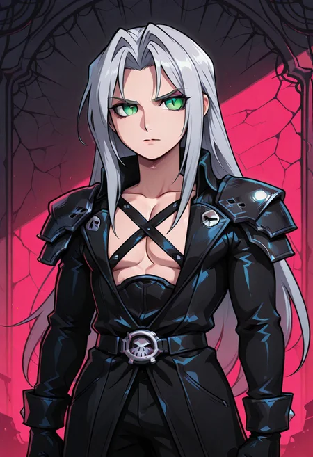 score_9,score_8_up,score_7_up,score_6_up, masterpiece, best quality, very aesthetic, 2d, ((thick lines)), vibrant saturated colors,
volumetric lighting, cinematic lighting, moody lighting, dramatic shadows,
detailed background,
BREAK sephiroth, official outfit grey hair, long hair, very long hair, parted bangs, armor, open clothes, shoulder armor, long sleeves, pectorals, black jacket, jacket, black gloves, high collar, long bangs, black coat, green eyes, slit pupils, gothic noir background