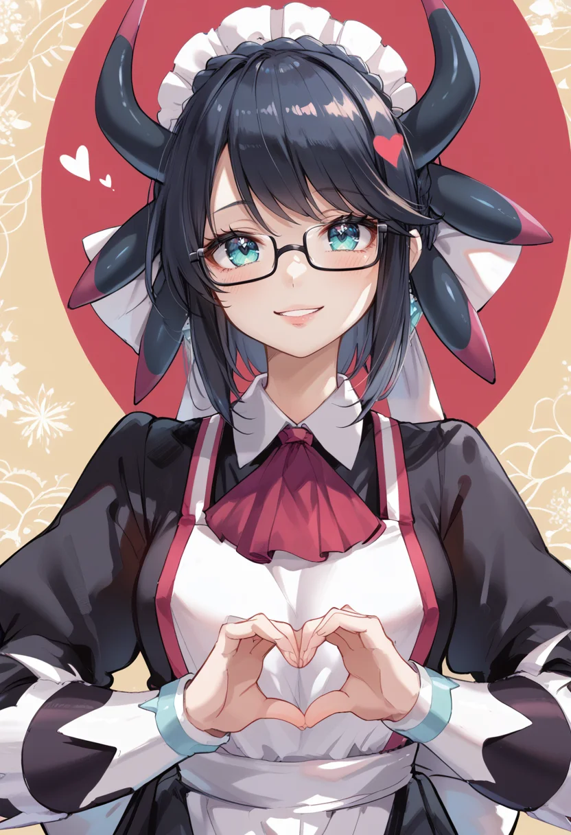 (score_9:0.9),score_8_up,score_7_up,rating_safe,anime style,(zPDXL),<lora:House Dragonmaid ponyXL v1:0.73>,house dragonmaid,1girl,glasses,solo,heart,maid headdress,looking at viewer,smile,red ascot,upper body,heart hands,maid dress,parted lips,blush,silver fingerless gloves,mob cap,