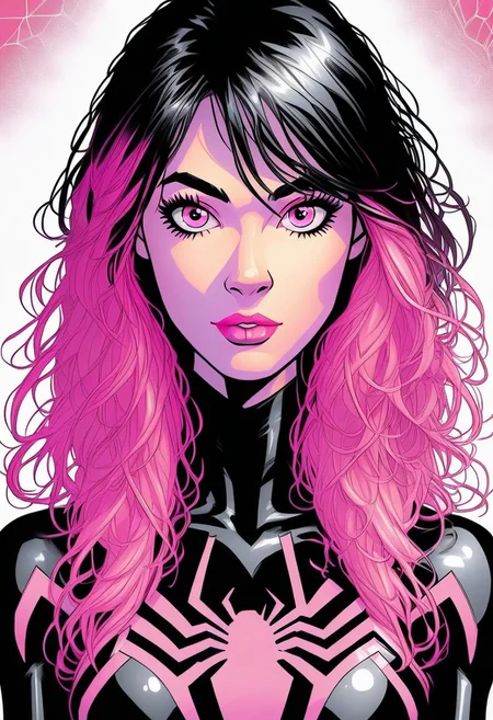 /Spider_Ayane/, pink lipstick, long black hair, pink hair highlights, medium breasts, portrait, black bodysuit with pink spider print, looking at viewer, puty lips, pink eyes, straight from front, superhero landing