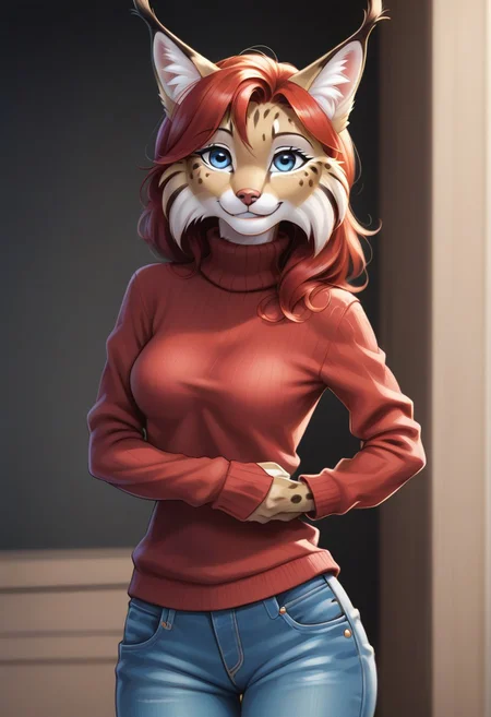 digital_media_(artwork) hi_res, score_9, score_7_up, score_6_up, source_furry, rating_safe, anthro, furry, female, furry female, detailed textured fur, fur tufts, lynx, red hair, blonde brown fur, spots, beautiful blue eyes, medium breasts, covered breasts, slim, slender, turtleneck sweater, denim jeans, smile, SFW,