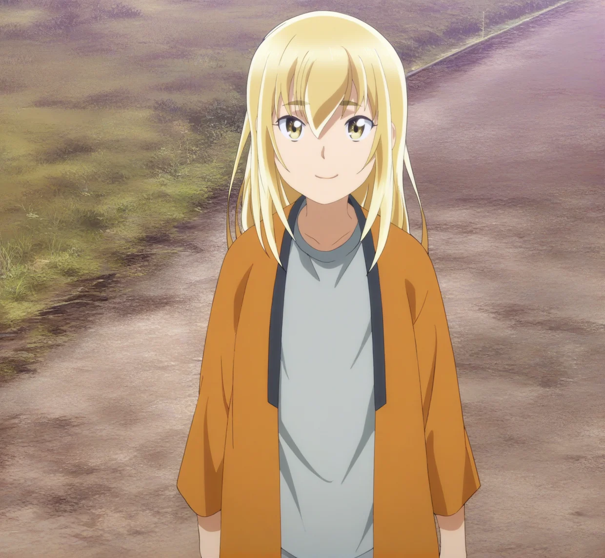 sharp focus, masterpiece, source_anime, (anime_screencap:1.2), absurd res, best quality, BREAK
<lora:Anzu_hinamatsuri_IL_v0.8:1>, anzu_il, 1girl, solo,  blonde_hair, long_hair, bangs, hair_between_eyes, yellow_eyes, orange_robe, grey_shirt, cowboy shot, arms_at_sides, faint smile, facing viewer, centered, outside