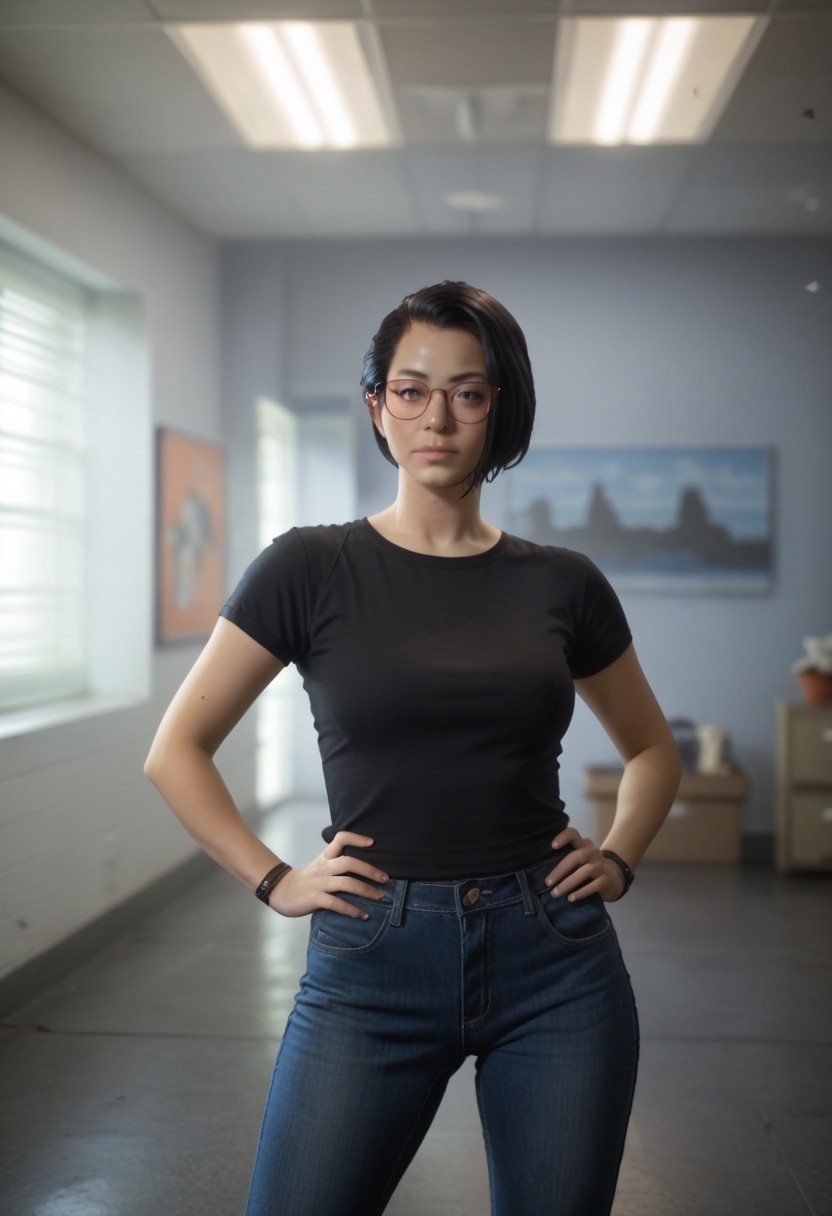 LISAlexChen, 1girl, short hair, black hair, glasses, realistic
standing, hands on hips, black shirt, short sleeves, blue jeans, looking at viewer, indoors, solo