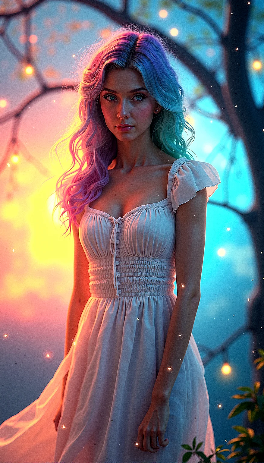 
Extreme realism in a complex, highly detailed composition featuring a beautiful woman with perfect face and perfect skin, with flowing rainbow-colored hair, wavy hair, multicolored eyes, ample bosom, slim waist, . The rainbow glowing background, with its vibrant colors, exaggerated details, intricate textures, and dynamic lighting, creates a whimsical, dreamy atmosphere in photorealistic quality. She is wearing Cream-colored linen dress with a square neckline and cap sleeves.


Small, glowing particles floating in the air, adding a magical and ethereal quality to the scene.Clouds with an iridescent sheen, reflecting multiple colors and adding a whimsical touch to the sky.Tree branches that emit a soft light, adding a mystical and natural element to the background.Veils of light that glimmer softly, adding a touch of magic and softness to the scene.Raindrops that glow subtly, adding texture and a soft, rainy atmosphere to the scene.

Looking directly at the camera, with a quiet, reflective expression, camera focus on face,









