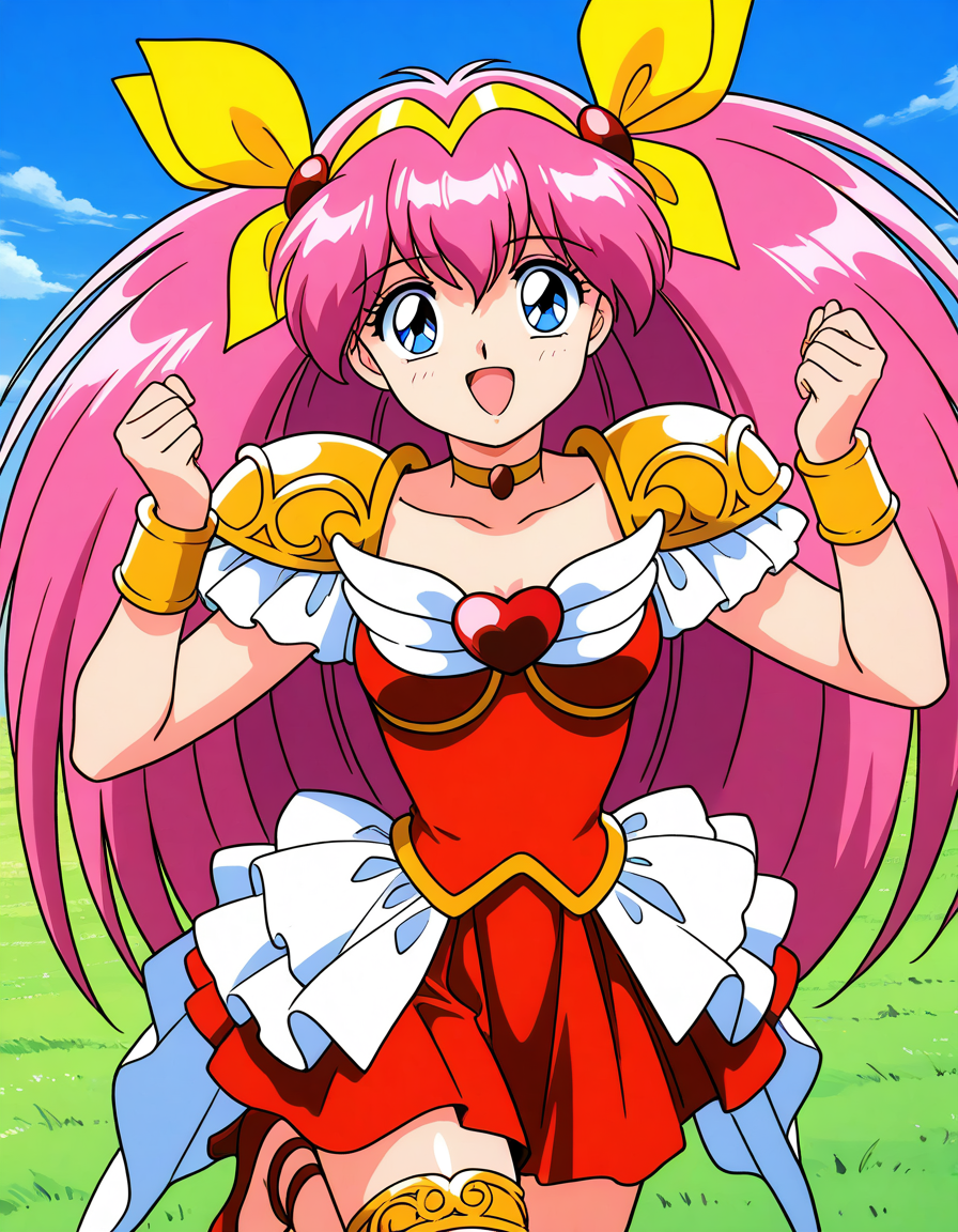 general,highres, ultra-detailed,very aesthetic,best quality ,best hands,  BREAK <lora:Hanasaki_Momoko_IS:1>Hanasaki_Momoko, 1girl,solo, long hair, pink hair, blue eyes, yellow bow, breasts, a, hair bow, twintails, very long hair, hair ribbon, 1990s (style),anime coloring, smile,looking at viewer, cowboy_Shot,
heart brooch, magical girl, brooch, jewelry,  open mouth, shoulder armor, thighlet, dress, armor, smile, choker, pauldrons, solo, looking at viewer, heart, skirt, high heels, bow, hairband, shoes, red footwear, bracelet, red dress, ribbon.
sky, grass,