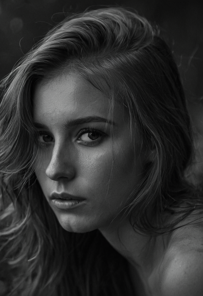 Black and white photo in the style of Alessio Albi, 20 year old beautiful stunning woman, dark blond hair falling down over her shoulders, highlights in her hair, closeup, cinematic composition, cinematic lighting  intense shadow play, bleak, post-apocalyptic, somber, dramatic, highly detailed, bokeh