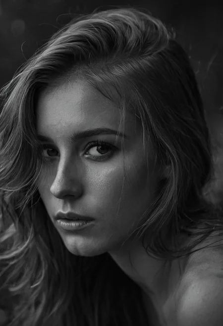 Black and white photo in the style of Alessio Albi, 20 year old beautiful stunning woman, dark blond hair falling down over her shoulders, highlights in her hair, closeup, cinematic composition, cinematic lighting  intense shadow play, bleak, post-apocalyptic, somber, dramatic, highly detailed, bokeh