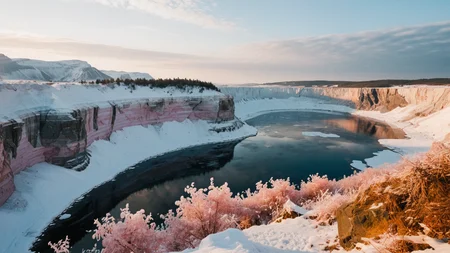 A cinematic scenic photography of the view On a steep ridge overlooking a glacially carved quarry lake. At winter dawn, pale rose light glints on frozen quarry, frost-covered cliffs sparkle in pale glow, and each breath clouds in frigid air. ,, masterpiece, best quality, amazing quality, very aesthetic, high resolution, ultra-detailed, absurdres, scenery, film grain, HDR, 8K, high contrast, realistic, cosplay, muted lithing, sharp focus, (chromatic aberration), fine details,