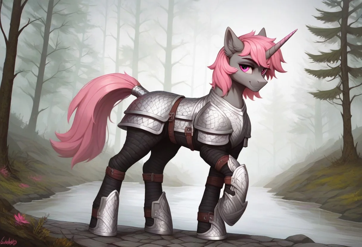 score_9, score_8_up, score_7_up, score_6_up, score_5_up, g4, pony from my little pony friendship is magic, big flanks, anatomically correct, unicorn, unicorn horn, feminine, muscular, large, large frame, fit, sporty body, feminine male, large, tall, male, ash grey body, ash grey fur, hot pink mane and tail, hot pink in mane and tail, short mane, malibu pink eyes,
outdoors, medieval forest, trees, forest, deep forest, fog, foggy, quiet, peaceful, outside, cobblestone path,
Paladin, silver knight armor, silver armor, chainmail, platemail, plate armor, smile, friendly, kind, gentle, soft, friendly, adorable, patrolling, walking, solo, feral