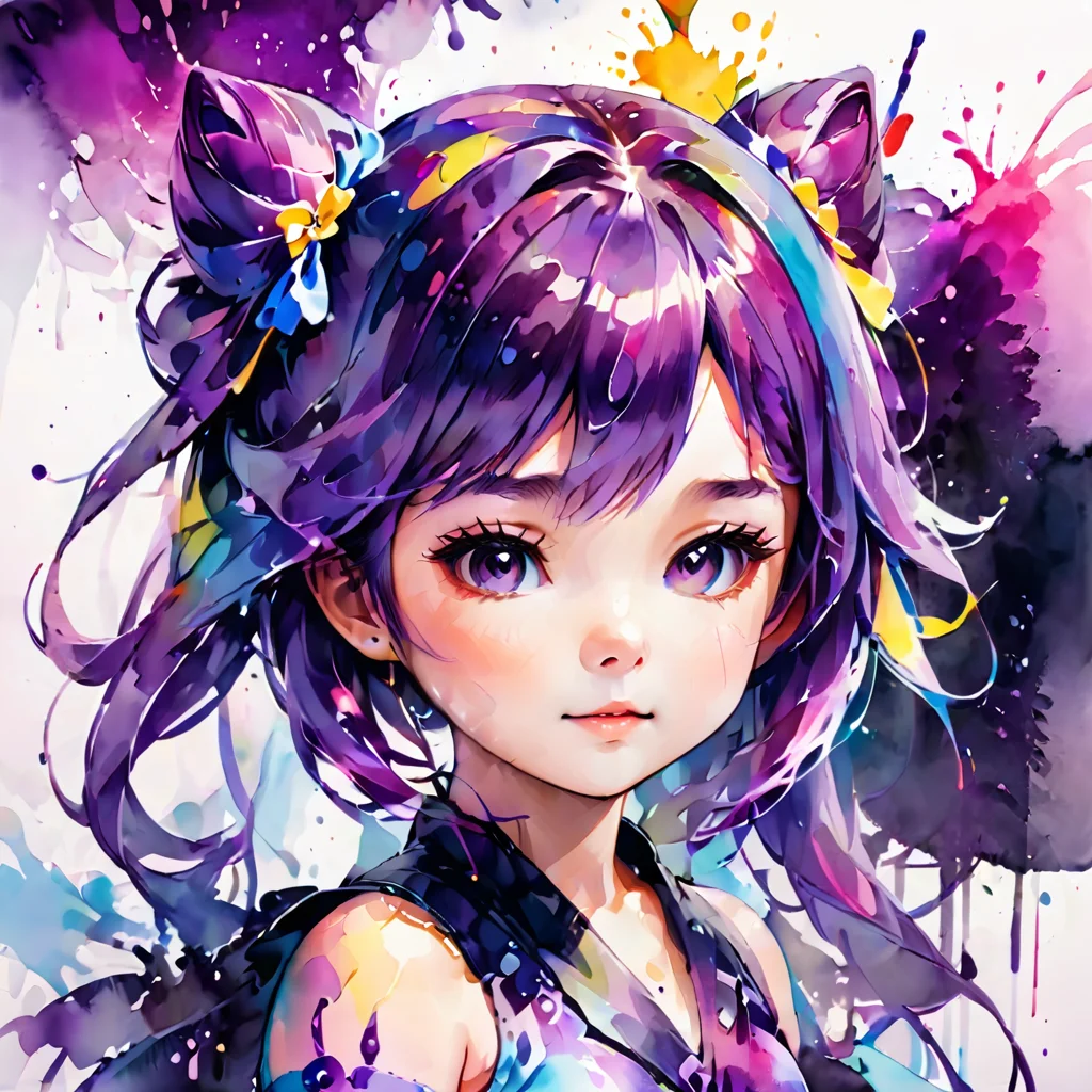 a cute bared little girl composed of colorful splashing ink,
keqing \(genshin impact\),purple hair,hair ribbon,
ink splashing,<lora:ink_splashing:0.7>,<lora:Keqing2_xl:1>,