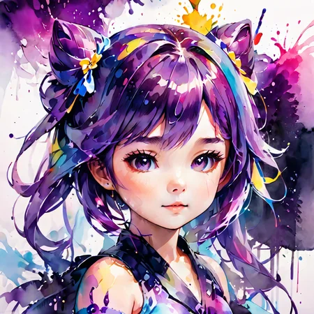 a cute bared little girl composed of colorful splashing ink,
keqing \(genshin impact\),purple hair,hair ribbon,
ink splashing,<lora:ink_splashing:0.7>,<lora:Keqing2_xl:1>,