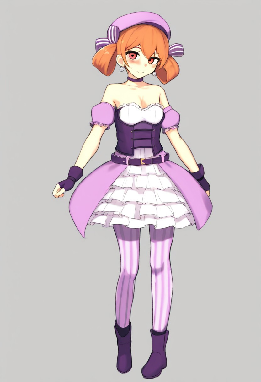 score_9, score_8_up, score_7_up BREAK TeoV, 1girl, orange hair, hair drills, red eyes, white pearl earrings, pink beret, lavender hair bow, purple choker, frilly purple fingerless gloves, open strapless purple fitted bodice jacket, purple belt, pink lavender layered dress, striped purple stockings, high-heeled purple boots, smiling at viewer, full body,