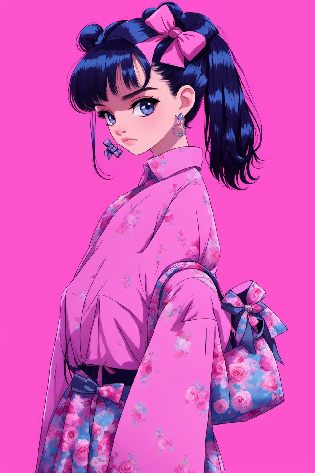 <lora:yingbo:0.9>,mn,1girl,solo,black hair,jewelry,pink background,earrings,bangs,simple background,upper body,bow,looking at viewer,hair bow,ponytail,long hair,bag,blue eyes,pink eyes,long sleeves,pink bow,floral print,blunt bangs,