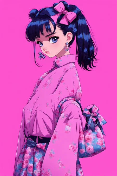 <lora:yingbo:0.9>,mn,1girl,solo,black hair,jewelry,pink background,earrings,bangs,simple background,upper body,bow,looking at viewer,hair bow,ponytail,long hair,bag,blue eyes,pink eyes,long sleeves,pink bow,floral print,blunt bangs,