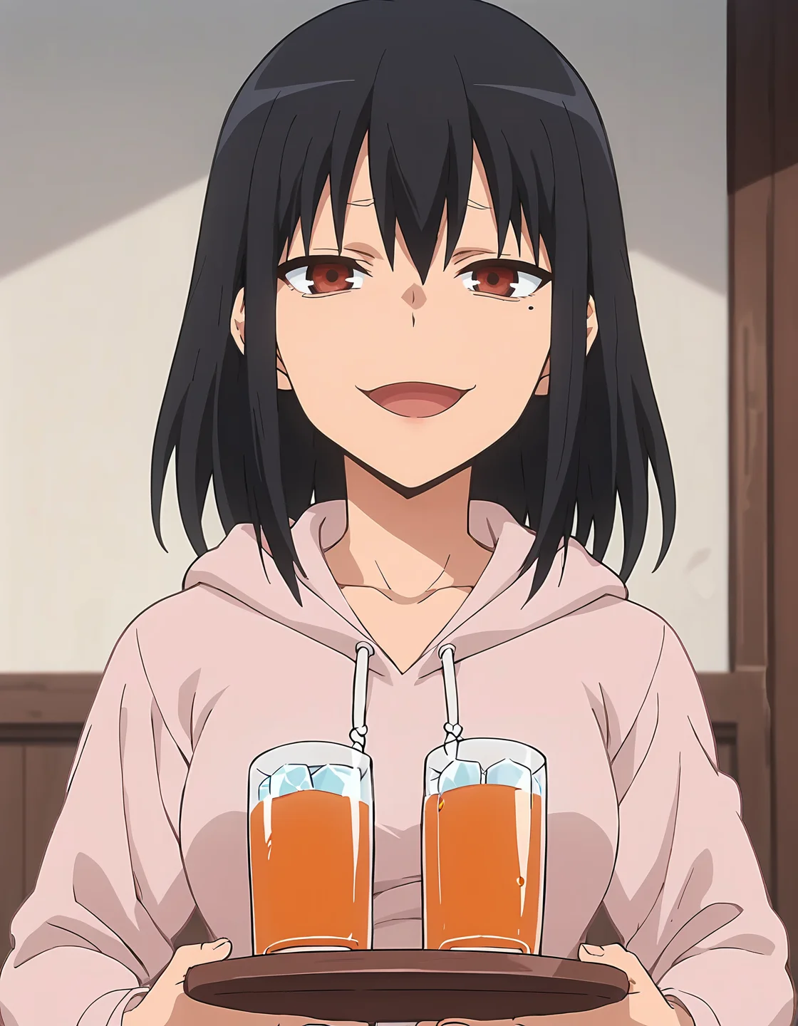 score_9, score_8_up, score_7_up, score_6_up, score_5_up, score_4_up, source_anime, <lora:Anetoro_T2V2:0.85>,
1girl, solo,  anime screencap, 
Anetoro_T2V2, black hair, medium hair, hair between eyes, sidelocks, brown eyes, red eyes, medium breasts,
pink hoodie, hood down, long sleeves, collarbone, drawstring, 
holding tray, glass, ice cube, orange juice, 
looking at viewer, smug, open mouth, :3, 
indoors, upper body,