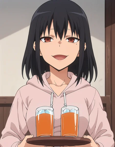 score_9, score_8_up, score_7_up, score_6_up, score_5_up, score_4_up, source_anime, <lora:Anetoro_T2V2:0.85>,
1girl, solo,  anime screencap, 
Anetoro_T2V2, black hair, medium hair, hair between eyes, sidelocks, brown eyes, red eyes, medium breasts,
pink hoodie, hood down, long sleeves, collarbone, drawstring, 
holding tray, glass, ice cube, orange juice, 
looking at viewer, smug, open mouth, :3, 
indoors, upper body,