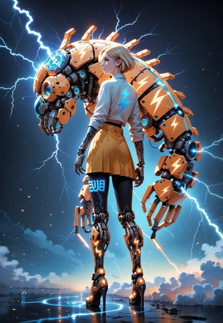 (score_9,score_8_up,score_7_up), clocwork girl, 20 year old, solo, Buzz2, yellow hair, bobcut hairstyle, straight hair, mechanical arms, mechanical legs, mechanical fingers, short yellow skirt, ((beige golf, beige body)), blue eyes, blue sclera, ((glowing blue eyes)), ((sparkling eyes)), yellow lipstick, (blue holographic gears), lightning background, looking over shoulder, back view, full body shot, high heel platforms