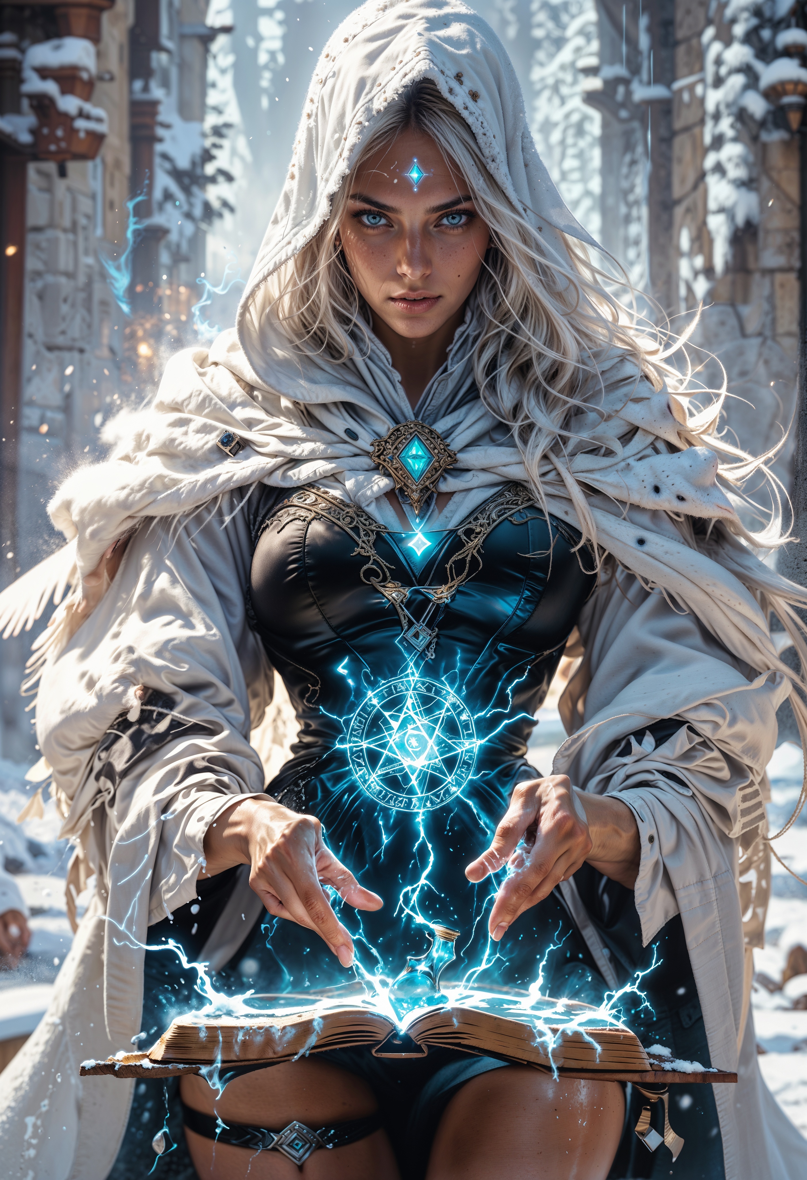 score_9, score_8_up, score_7_up, score_6_up, score_5_up, score_4_up,  sorceress, casting ice magic spells, white hood, medium breasts, colorful eyes, freckles, white hair, magic circle, thigh strap, petite, 1girl, delicate and smooth skin, blush, perfect body, thighs, large breasts, highly detailed, glossy lips, looking at viewer, tomes in background, magic book, ritual, vials, potion, frost, cold, snow,    <lora:Fant5yP0ny:0.8>,  <lora:Fantasy_Wizard__Witches_PonyV2:0.8> hkmagic