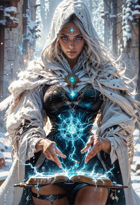 score_9, score_8_up, score_7_up, score_6_up, score_5_up, score_4_up, sorceress, casting ice magic spells, white hood, medium breasts, colorful eyes, freckles, white hair, magic circle, thigh strap, petite, 1girl, delicate and smooth skin, blush, perfect body, thighs, large breasts, highly detailed, glossy lips, looking at viewer, tomes in background, magic book, ritual, vials, potion, frost, cold, snow, <lora:Fant5yP0ny:0.8>, <lora:Fantasy_Wizard__Witches_PonyV2:0.8> hkmagic