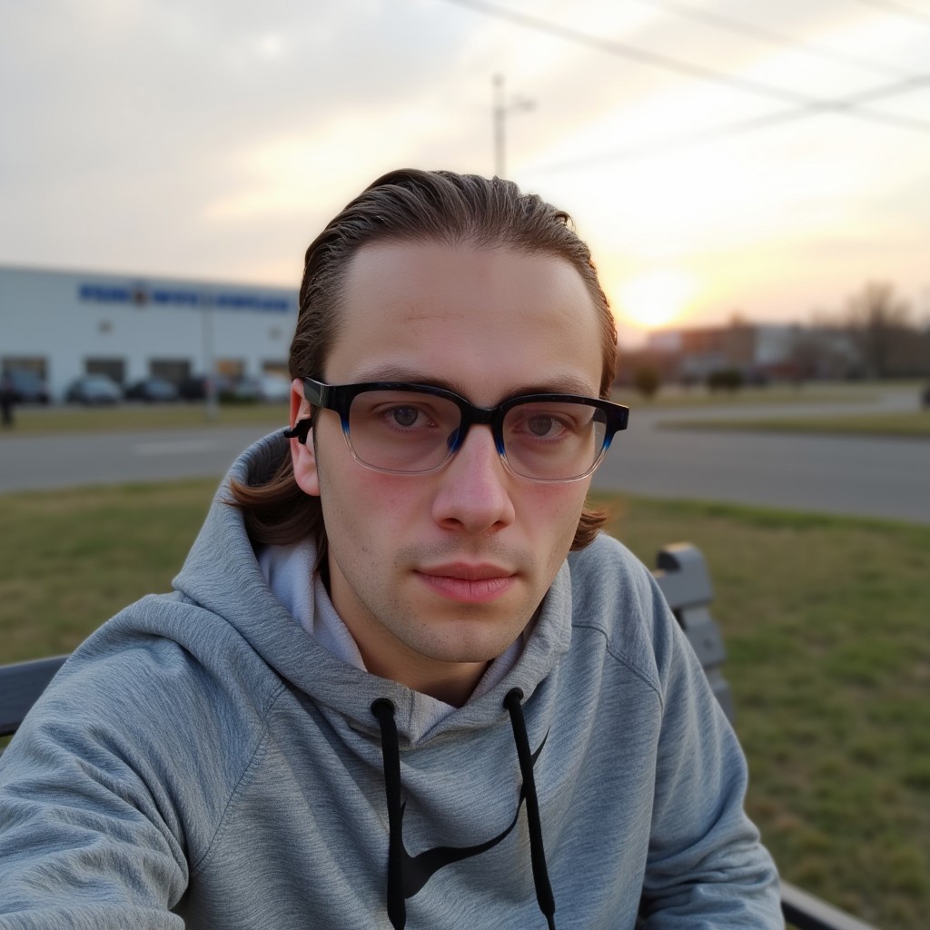 This is a photograph featuring d2nu taking a selfie, he has a fair skin tone and short, slicked-back light hair. He is also wearing glasses which are colored with a mix of blue and black, <lora:d2nu:1>. He is wearing a gray Nike hoodie jacket. He is sitting on a bench with a Japanese robotics factory in the background on a fall day. There's a sunset in the background