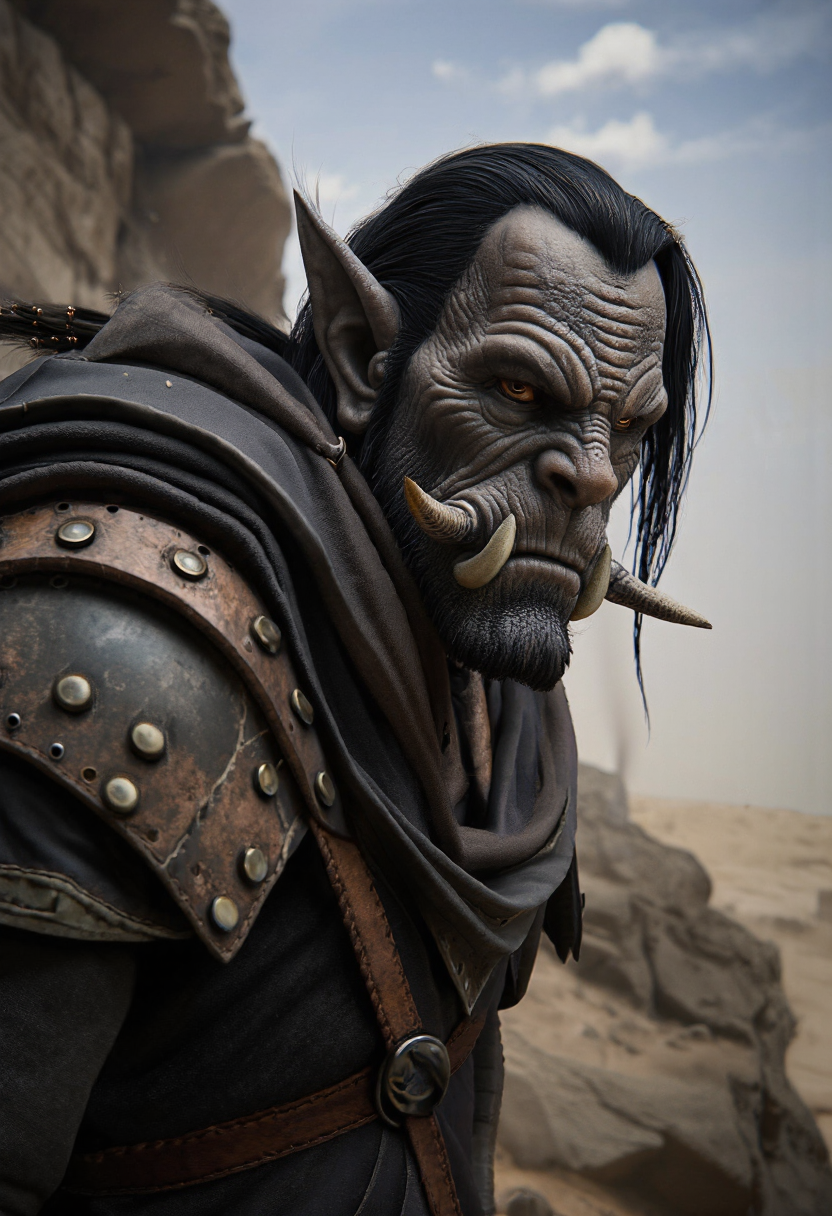 ck-0rcs, this is an image of a orc, dark-skinned orc type creature with a large, flat nose and prominent, 2 large orc tusks, dark shoulder length hair, wear a dark hooded tunic below leather shoulder pads, embellished with worn metal studs and rivets. Standing at partially sideways at the side of the image, in front of rocky area in the middle of the desert, taking cover from a massive sand storm in the distance.  <lora:flux/Realism 2>, realism, realistic, <lora:art and styles/MysticFantasy.safetensors:1.0>,  <lora:fantasy portrait by cosmic.safetensors:1.0>,  <lora:ck-Orcs-000016:0.4>
